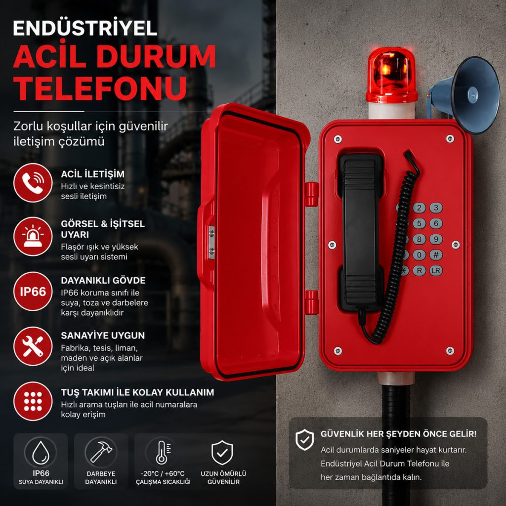Endüstriyel Acil Durum Telefonlarında Bakımın Önemi Bu sistemlerin düzenli olarak kontrol edilmesi iletişim sürekliliği açısından oldukça önemlidir. Mikrofon, hoparlör, bağlantı sistemleri ve enerji altyapıları periyodik olarak test edilmelidir. Profesyonel teknik servis desteği almak sistem performansının korunmasına yardımcı olur. Endüstriyel Haberleşme Teknolojilerinin Geleceği Dijital dönüşümle birlikte endüstriyel haberleşme sistemleri daha akıllı hale gelmektedir. IoT destekli iletişim çözümleri, uzaktan kontrol sistemleri ve bulut tabanlı yönetim altyapıları gelecekte endüstriyel acil durum telefonu sistemlerinin kullanım alanını genişletmektedir. Özellikle endüstri 4.0 uygulamalarıyla birlikte güvenli ve hızlı haberleşme sistemlerine olan ihtiyaç giderek artmaktadır. Sonuç Kritik çalışma alanlarında hızlı ve güvenli iletişim sağlamak operasyonel güvenlik açısından büyük önem taşımaktadır. Endüstriyel acil durum telefonu sistemleri, zorlu saha koşullarında kesintisiz haberleşme sağlayarak acil müdahale süreçlerini desteklemektedir. Dayanıklı yapısı, yüksek ses kapasitesi ve gelişmiş güvenlik özellikleri sayesinde birçok sektörde tercih edilen bu sistemler, modern endüstriyel haberleşme çözümleri arasında önemli bir yere sahiptir.